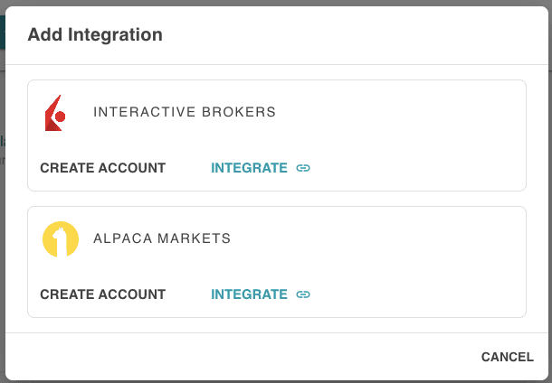 Select either Alpaca Markets or IBKR to integrate with STRATxAI